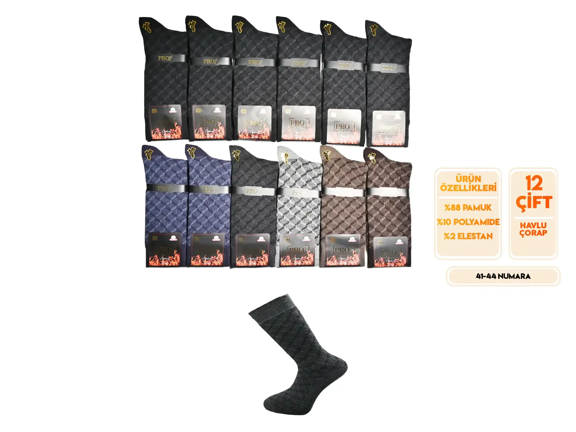 Pro 14654 (41-44) Dikişsiz Havlu Erkek Çorap 12'li