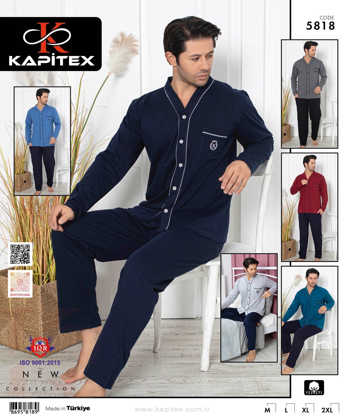 Kapitex 5818 Erkek Uzun Kol Boydan Düğmeli Pijama Takım 4'lü