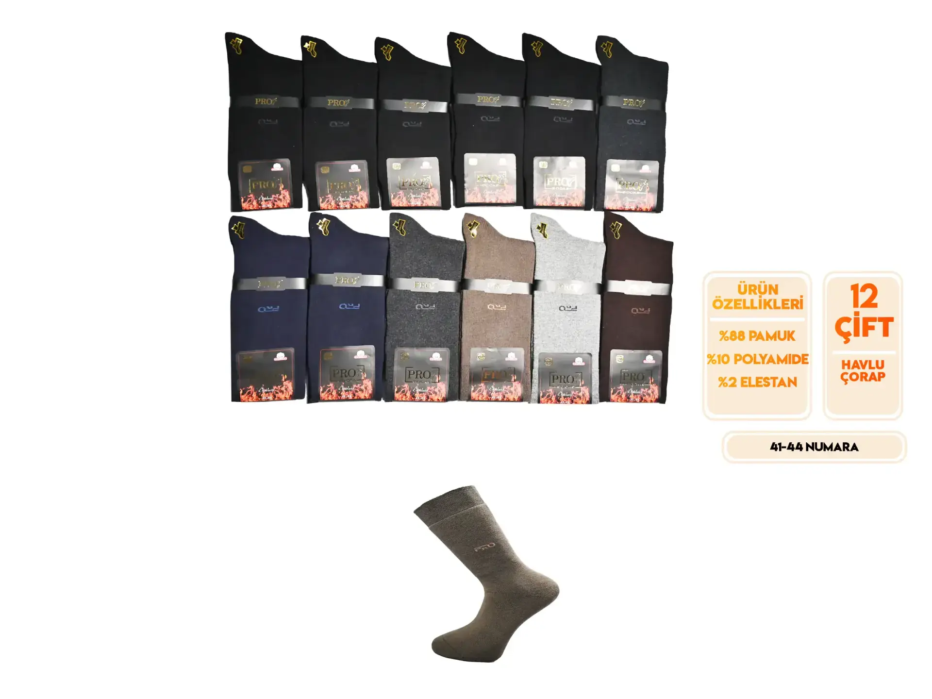 Pro 14652 (41-44) Dikişsiz Havlu Erkek Çorap 12'li