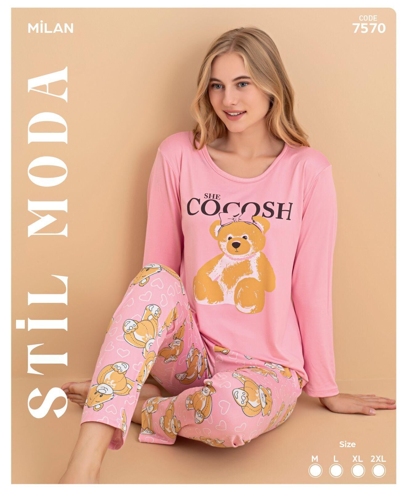 Stil Moda 7570 (M-L-XL-XXL) Milan Bayan Uzun Kol Pijama Takım 4'lü