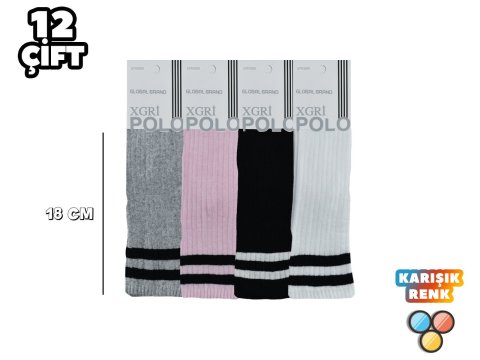 XGRİ POLO 51 Dizaltı Çizgili Bayan Kolej Çorap 12'li