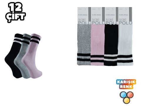 XGRİ POLO 51 Dizaltı Çizgili Bayan Kolej Çorap 12'li