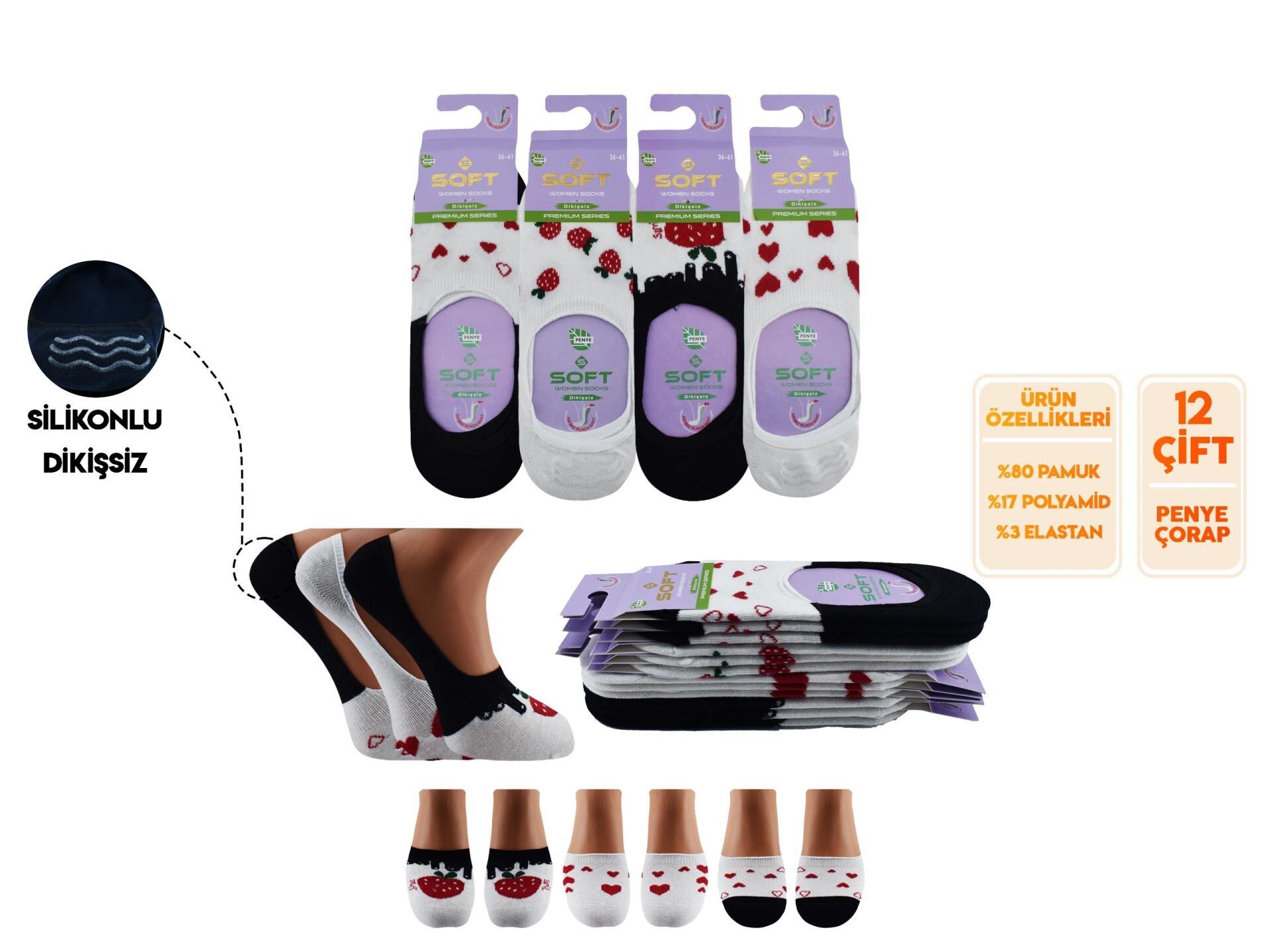 Softy 11 Yıkamalı Kokulu Dikişsiz Silikonlu Bayan Penye Babet 12'li