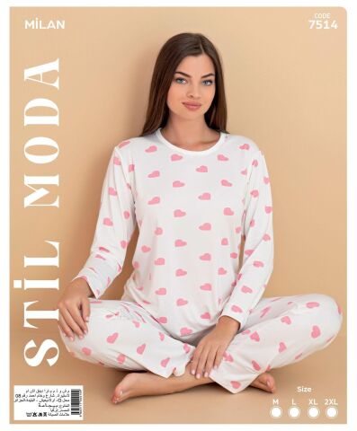 Stil Moda 7514 (M-L-XL-XXL) Milan Bayan Uzun Kol Pijama Takım 4'lü