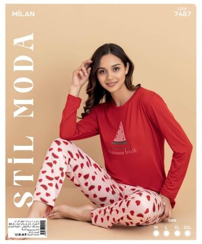 Stil Moda 7487 (M-L-XL-XXL) Milan Bayan Uzun Kol Pijama Takım 4'lü