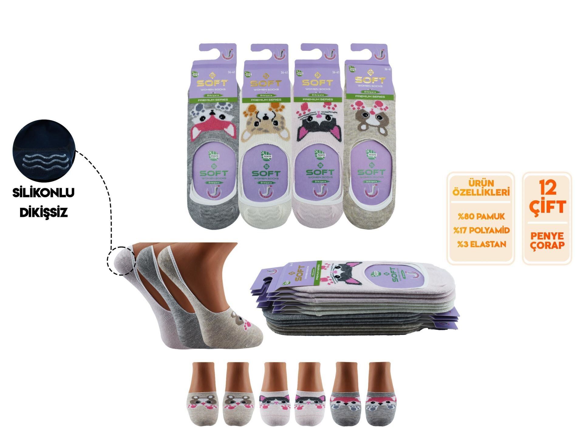 Softy 13 Yıkamalı Kokulu Dikişsiz Silikonlu Bayan Penye Babet 12'li