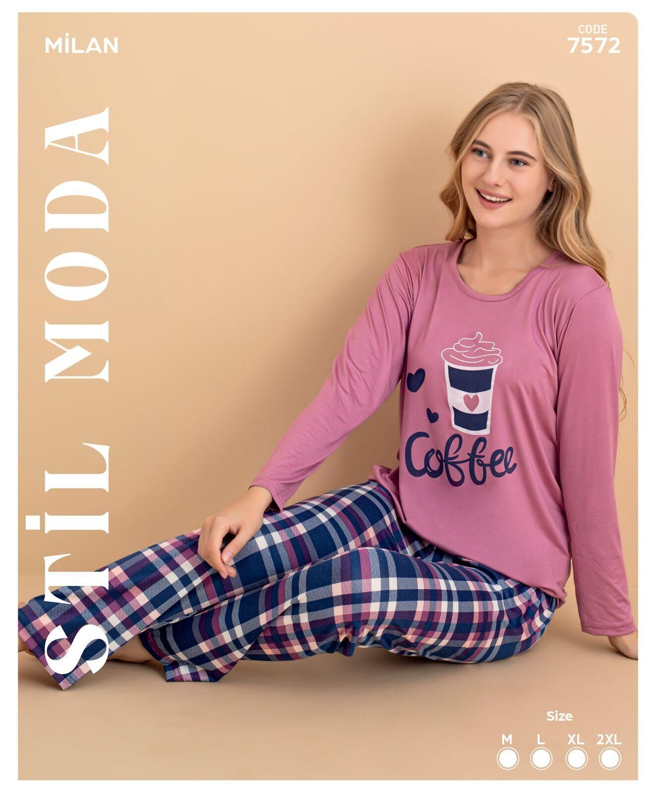 Stil Moda 7572 (M-L-XL-XXL) Milan Bayan Uzun Kol Pijama Takım 4'lü