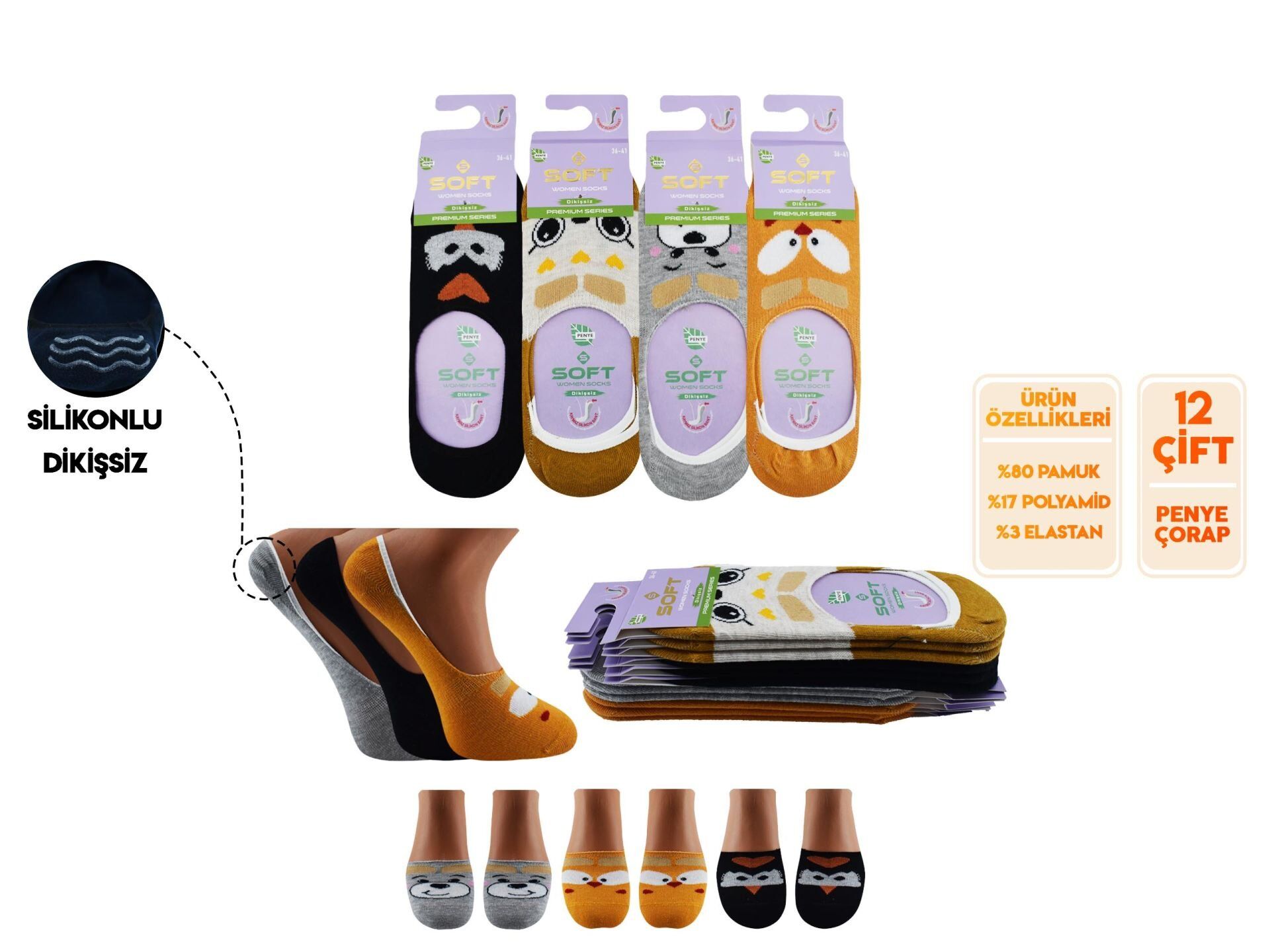 Softy 16 Yıkamalı Kokulu Dikişsiz Silikonlu Bayan Penye Babet 12'li