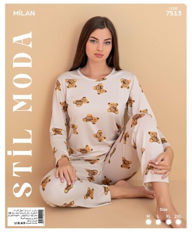 Stil Moda 7513 (M-L-XL-XXL) Milan Bayan Uzun Kol Pijama Takım 4'lü