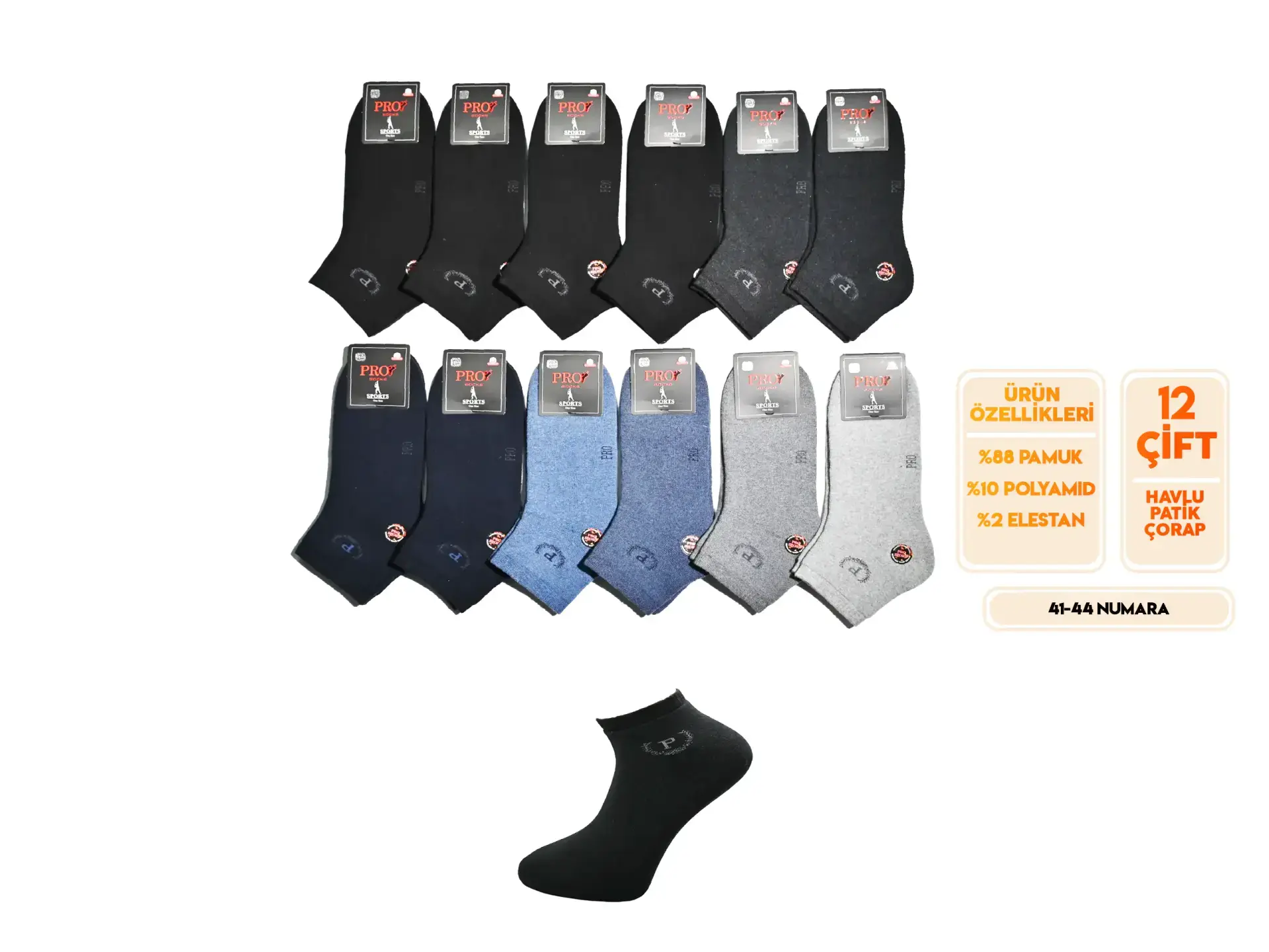 Pro 14034 (41-44) Dikişsiz Termo Havlu Erkek Patik 12'li