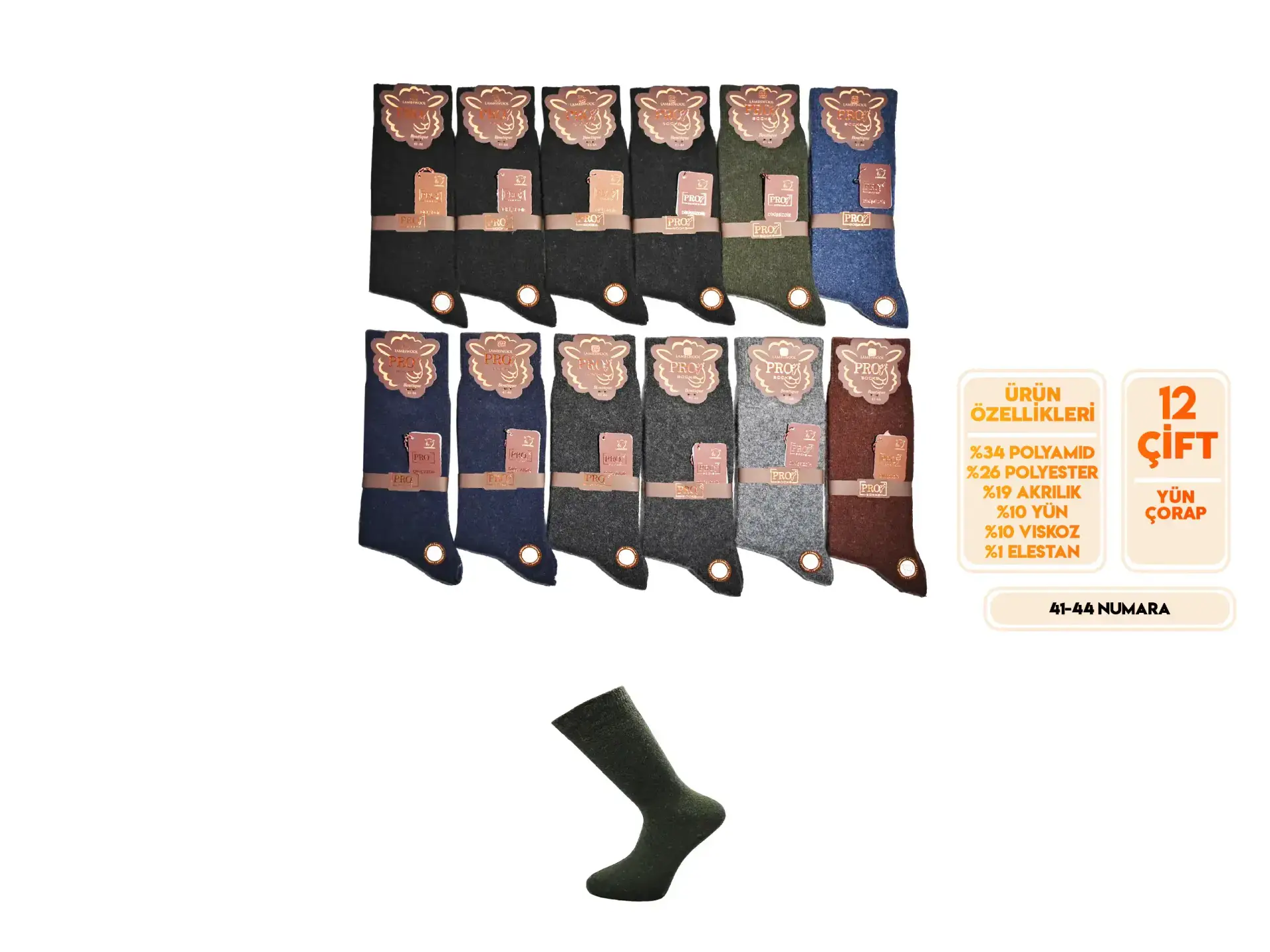 Pro 13603 (41-44) Dikişsiz Lambswool Erkek Çorap 12'li