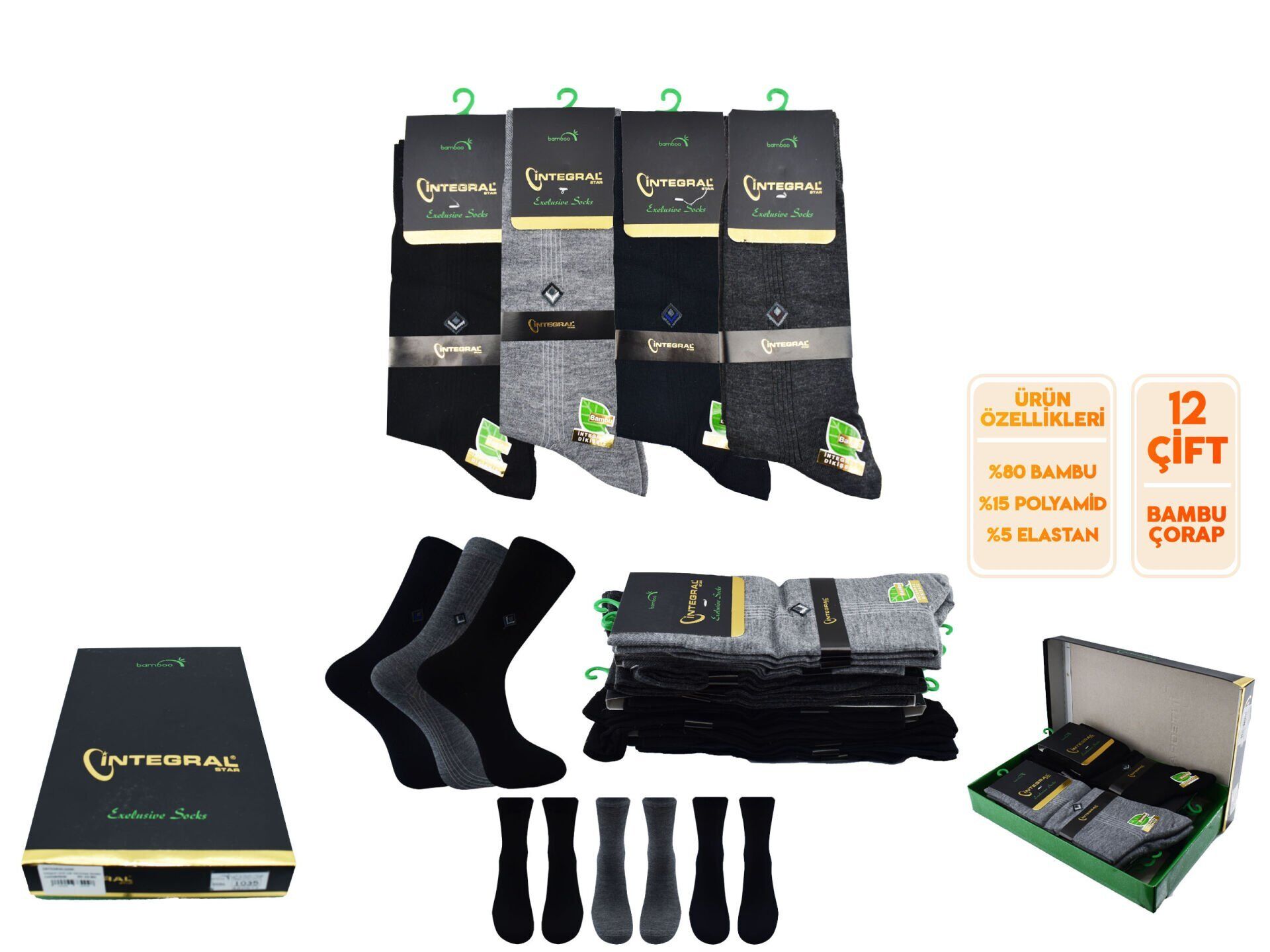 İntegral 1036 (40-44) Erkek Bambu Dikişsiz Mevsimlik Çorap12'li
