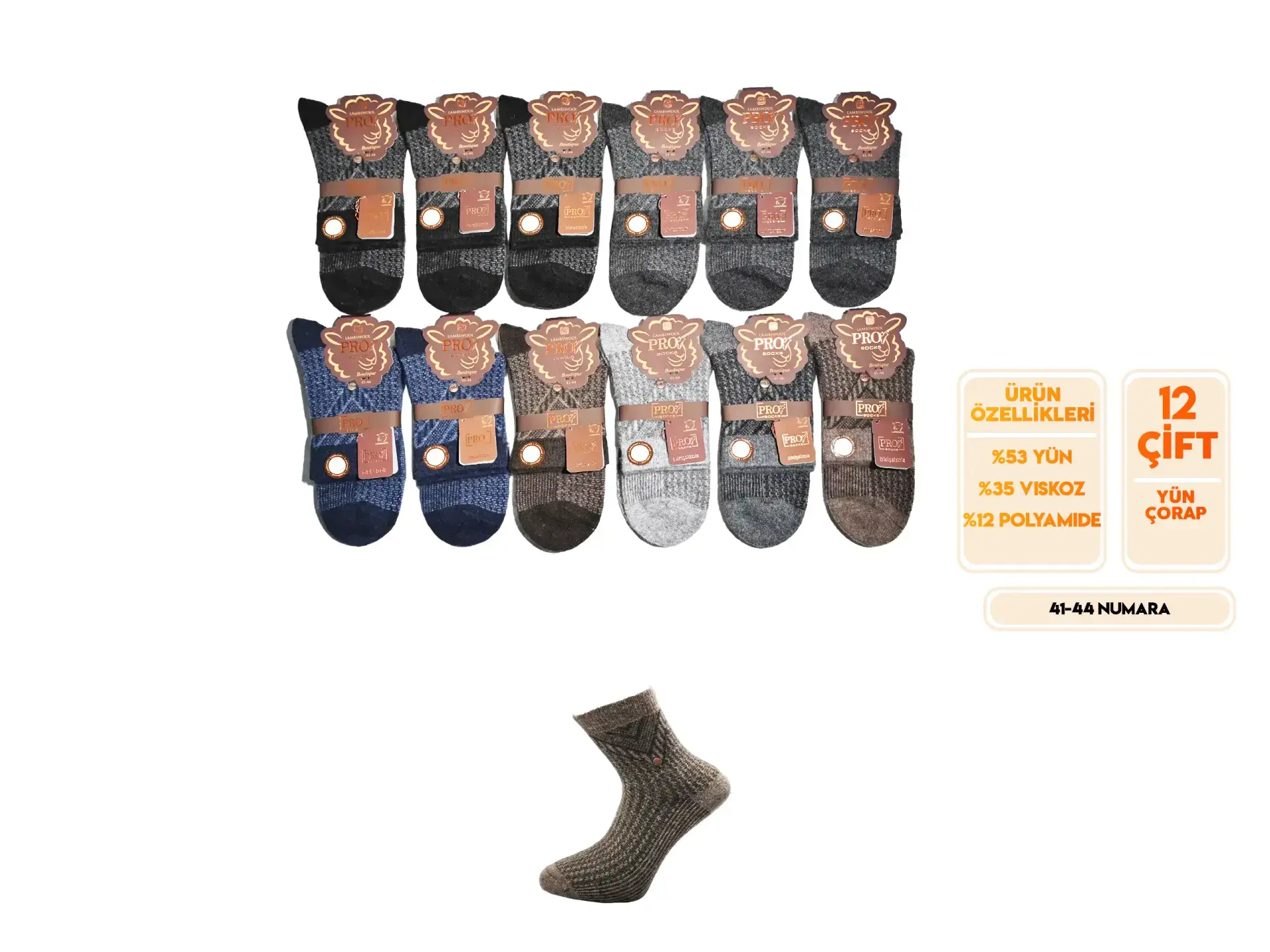 Pro 13452 (41-44) Dikişsiz Lambswool Erkek Çorap 12'li