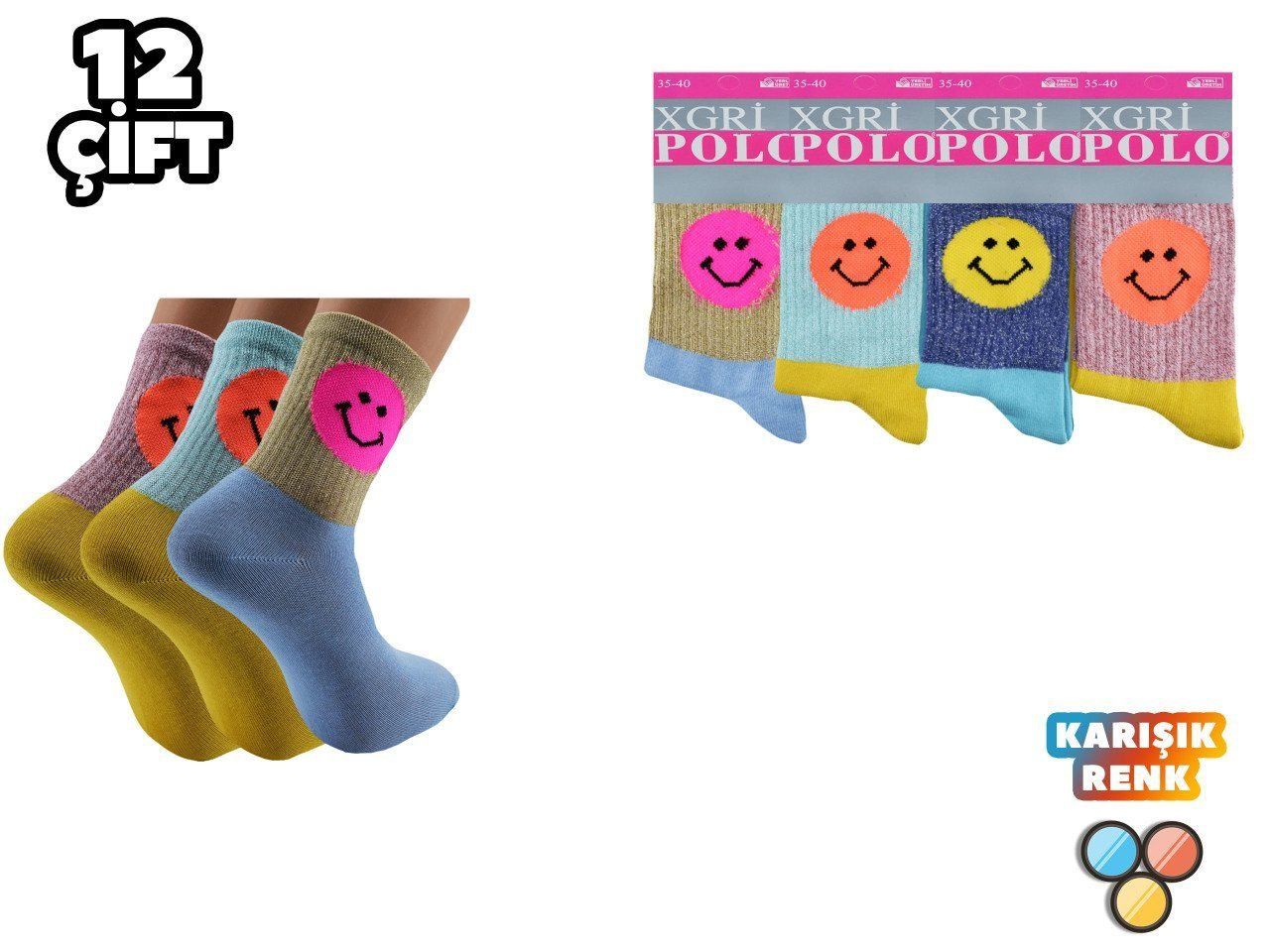 XGRİ POLO 20-1 Bayan Simli Emoji Kolej Çorap 12'li