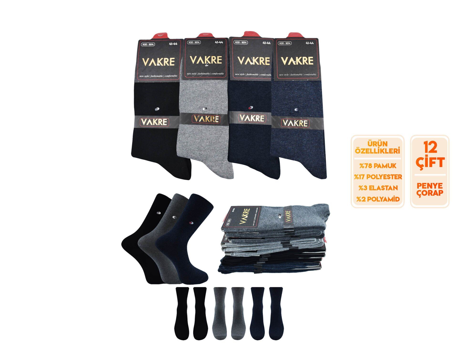 Vakre 9014-30 (41-44) Erkek Penye Likralı Çorap 12'li