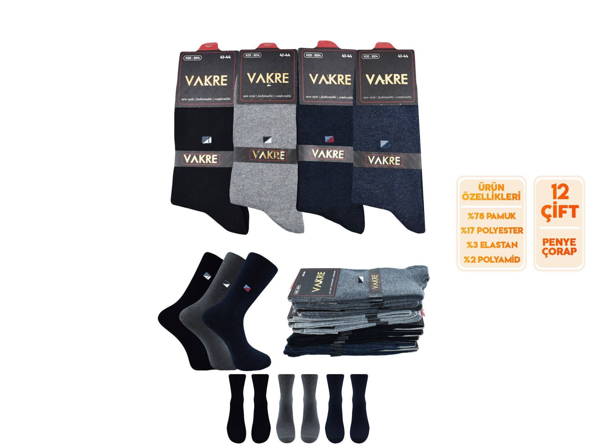 Vakre 9014-29 (41-44) Erkek Penye Likralı Çorap 12'li