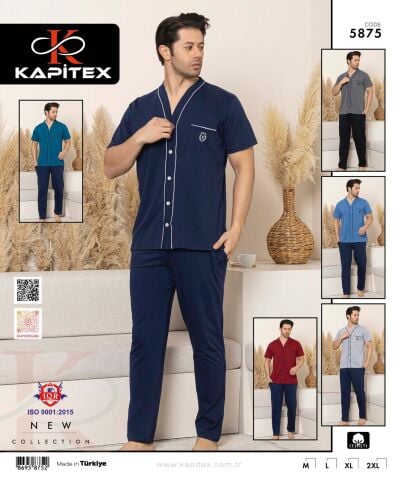 Kapitex 5875 Erkek Kısa Kol Boydan Düğmeli Pijama Takım 4'lü