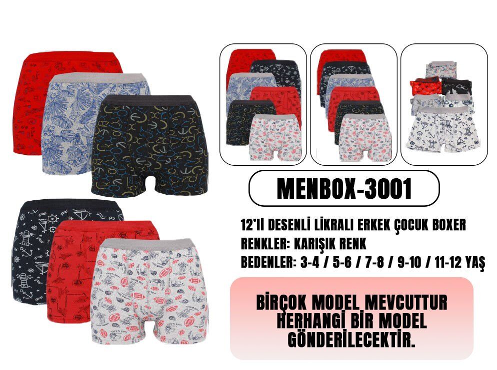 Menbox 3001 Desenli Erkek Çocuk Boxer 12'li