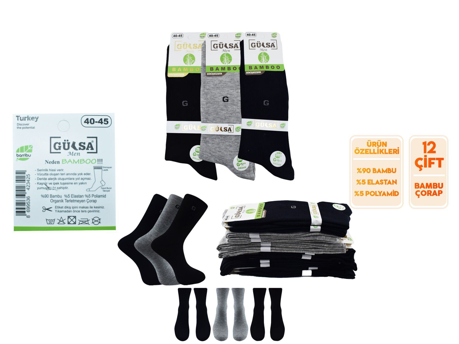 Gülsa (40-45) Doğal Bambu Dikişsiz Erkek Çorap 12'li