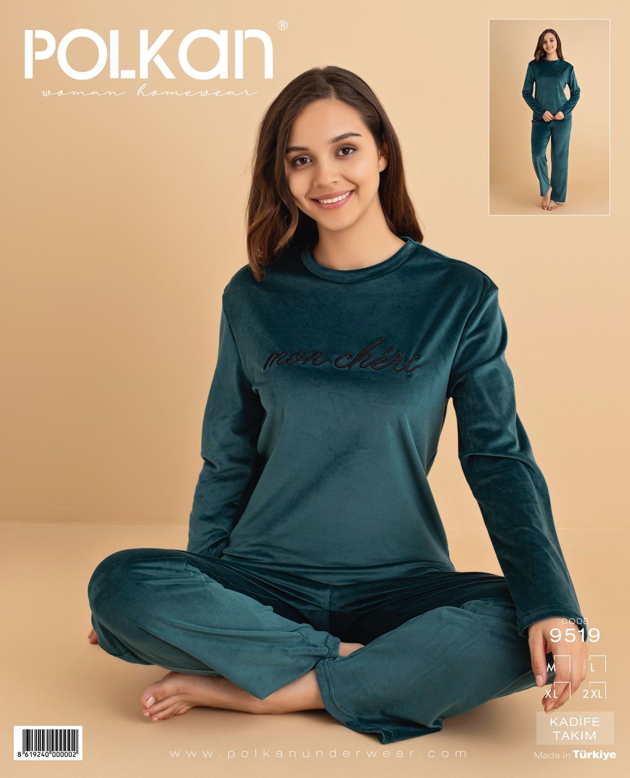 Polkan 9519 (M-L-XL-XXL) Kadife Uzun Kollu Bayan Pijama Takım 4'lü