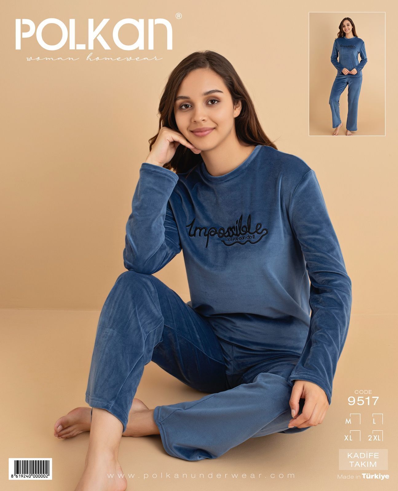 Polkan 9517 (M-L-XL-XXL) Kadife Uzun Kollu Bayan Pijama Takım 4'lü