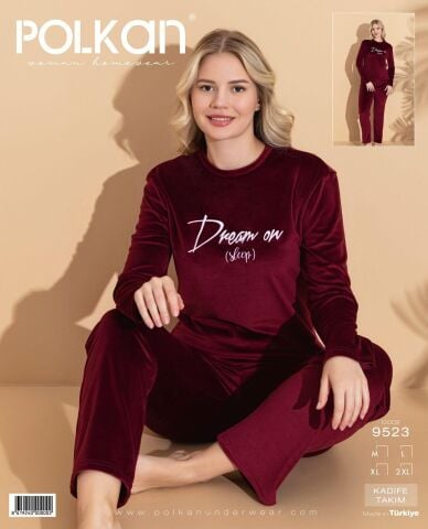 Polkan 9523 (M-L-XL-XXL) Kadife Uzun Kollu Bayan Pijama Takım 4'lü