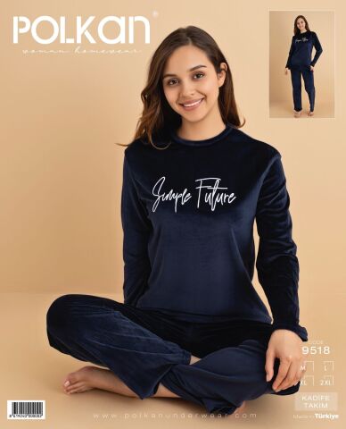 Polkan 9518 (M-L-XL-XXL) Kadife Uzun Kollu Bayan Pijama Takım 4'lü