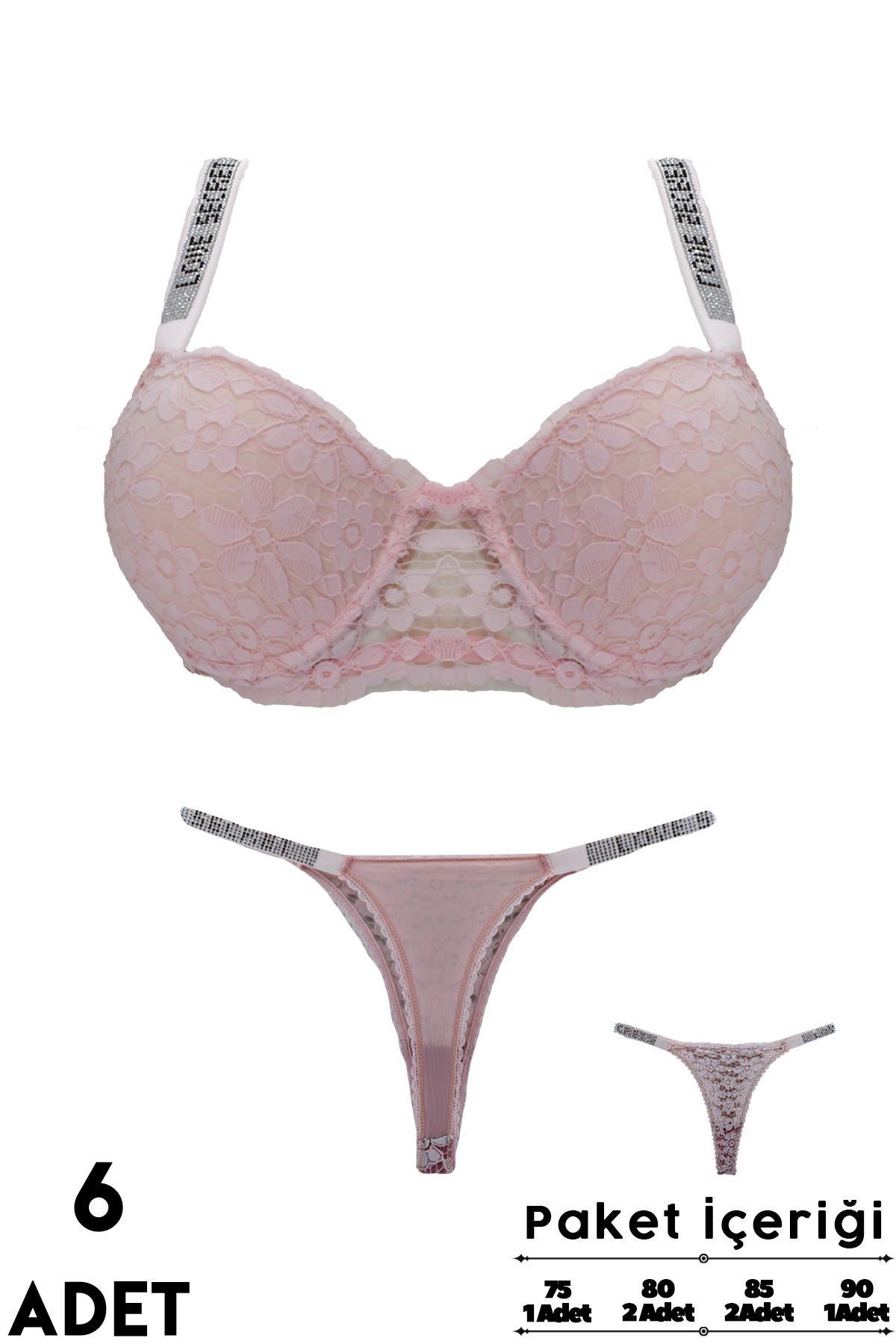 Love Secret 3-4 B Cup Balenli Destekli Taşlı Dantelli Bayan Sütyen Takım 6'lı