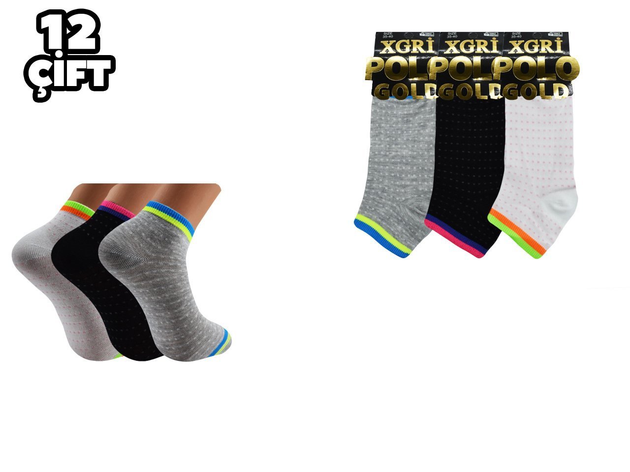 XGRİ POLO 7-37 3'lü Bayan Penye Patik 12'li