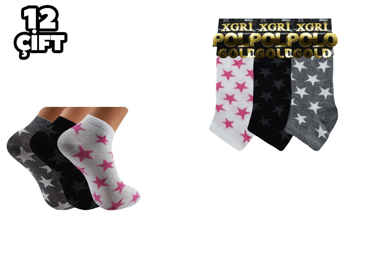 XGRİ POLO 7-38 3'lü Bayan Penye Patik 12'li