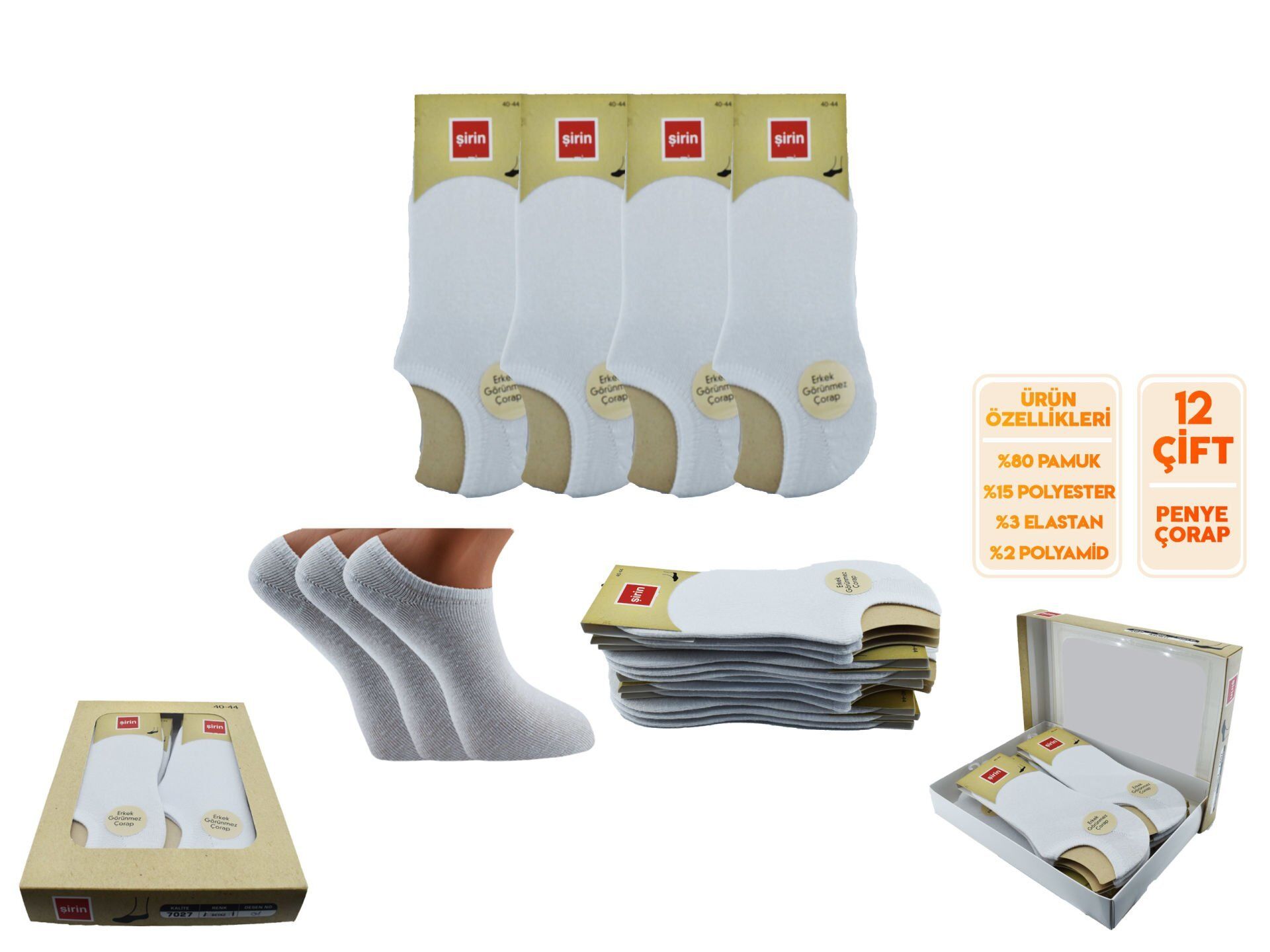 Şirin 7027-001 Düz Beyaz Görünmez Kapalı Erkek Penye Babet 12'li