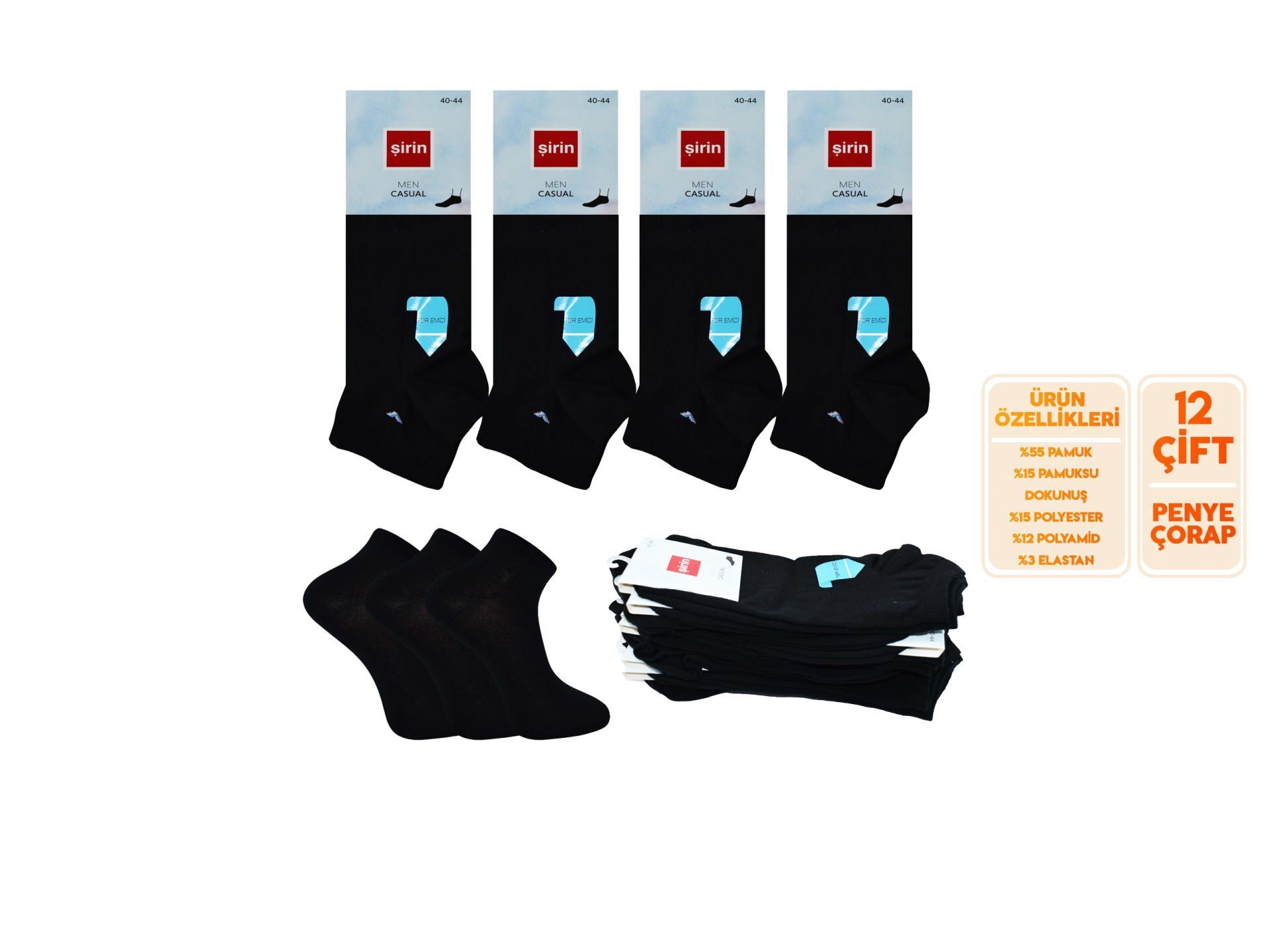 Şirin 7010-SİYAH Ter Emici Erkek Penye Patik 12'li