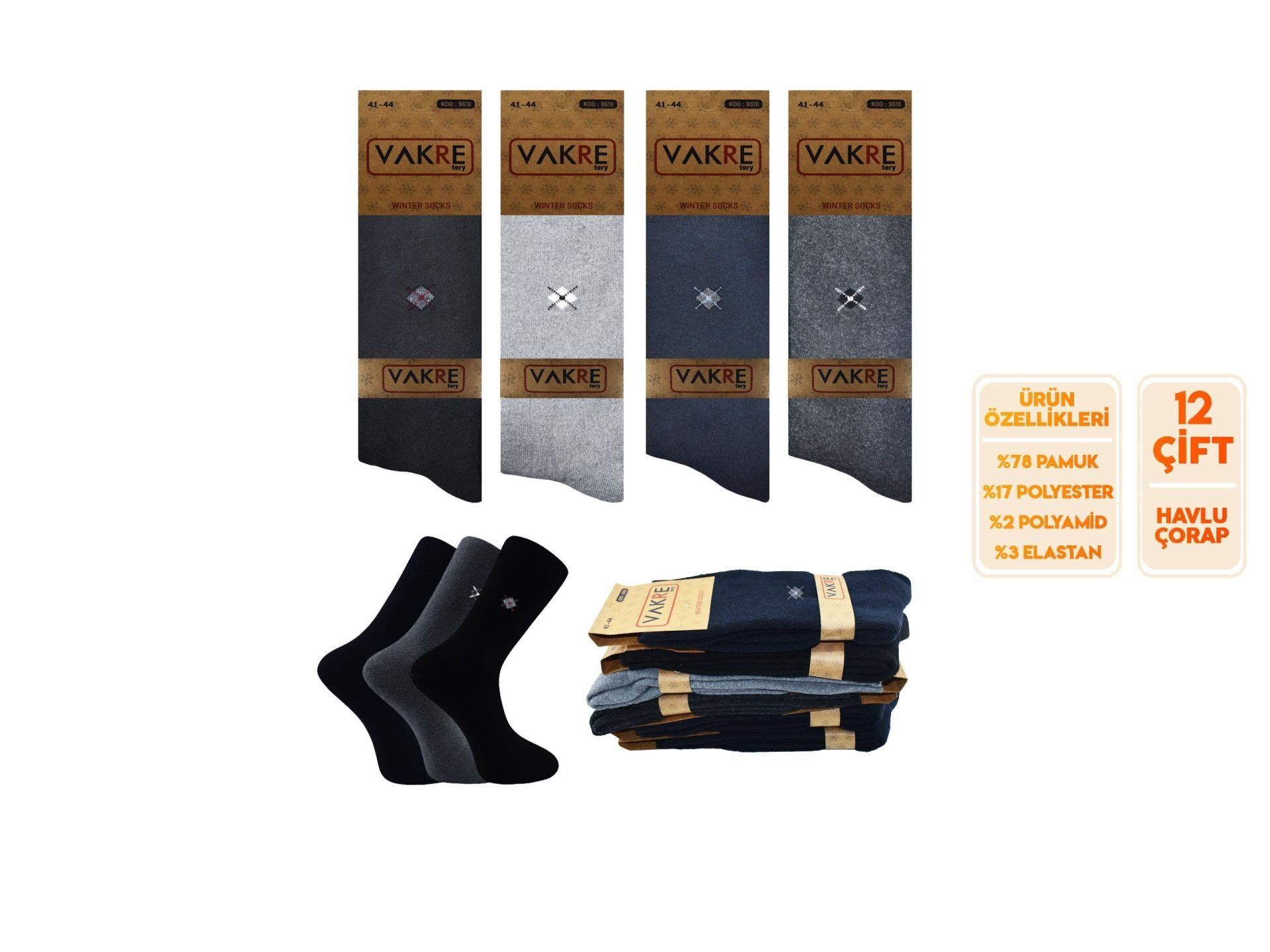 Vakre 9618-15 Erkek Penye Havlu Kışlık Çorap 12'li
