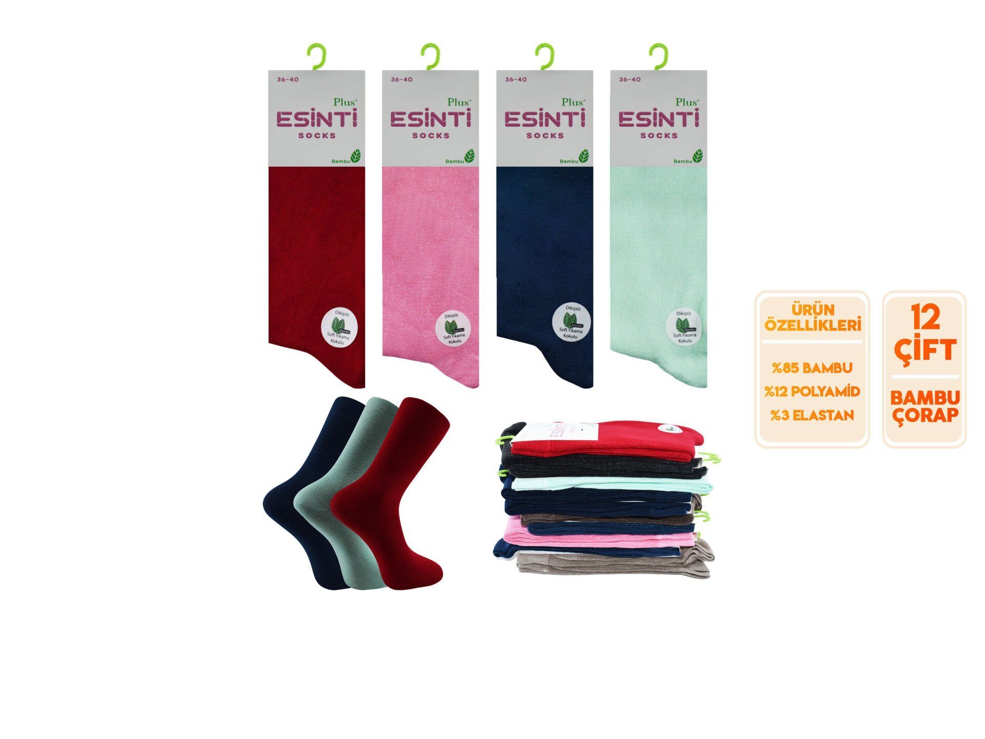 Esinti 27-Karışık Dikişsiz Bayan Bambu Çorap 12'li