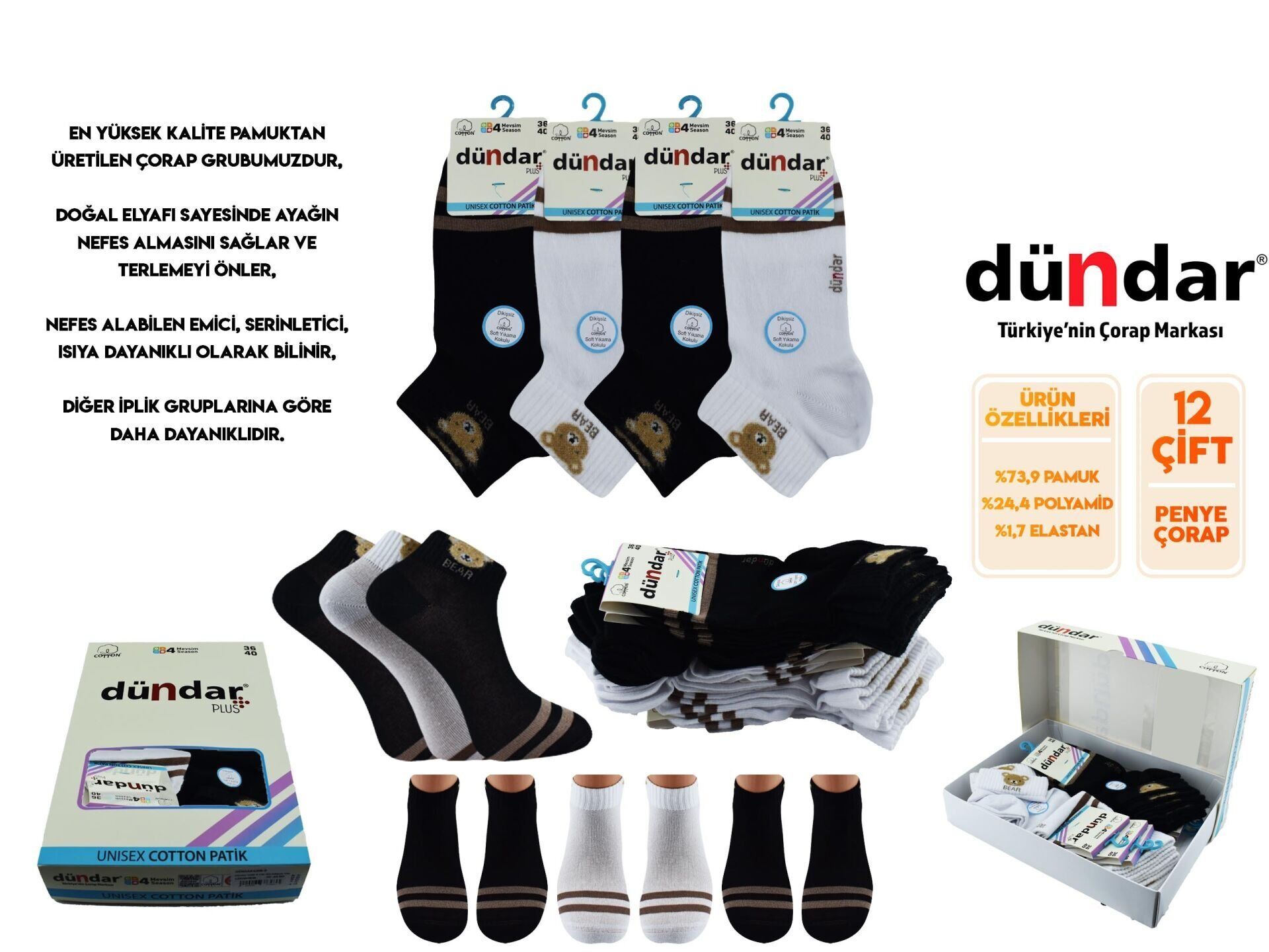 Dündar 4308-18 (36-40) Dikişsiz Yıkamalı Kokulu Bayan Penye Patik Çorap 12'li