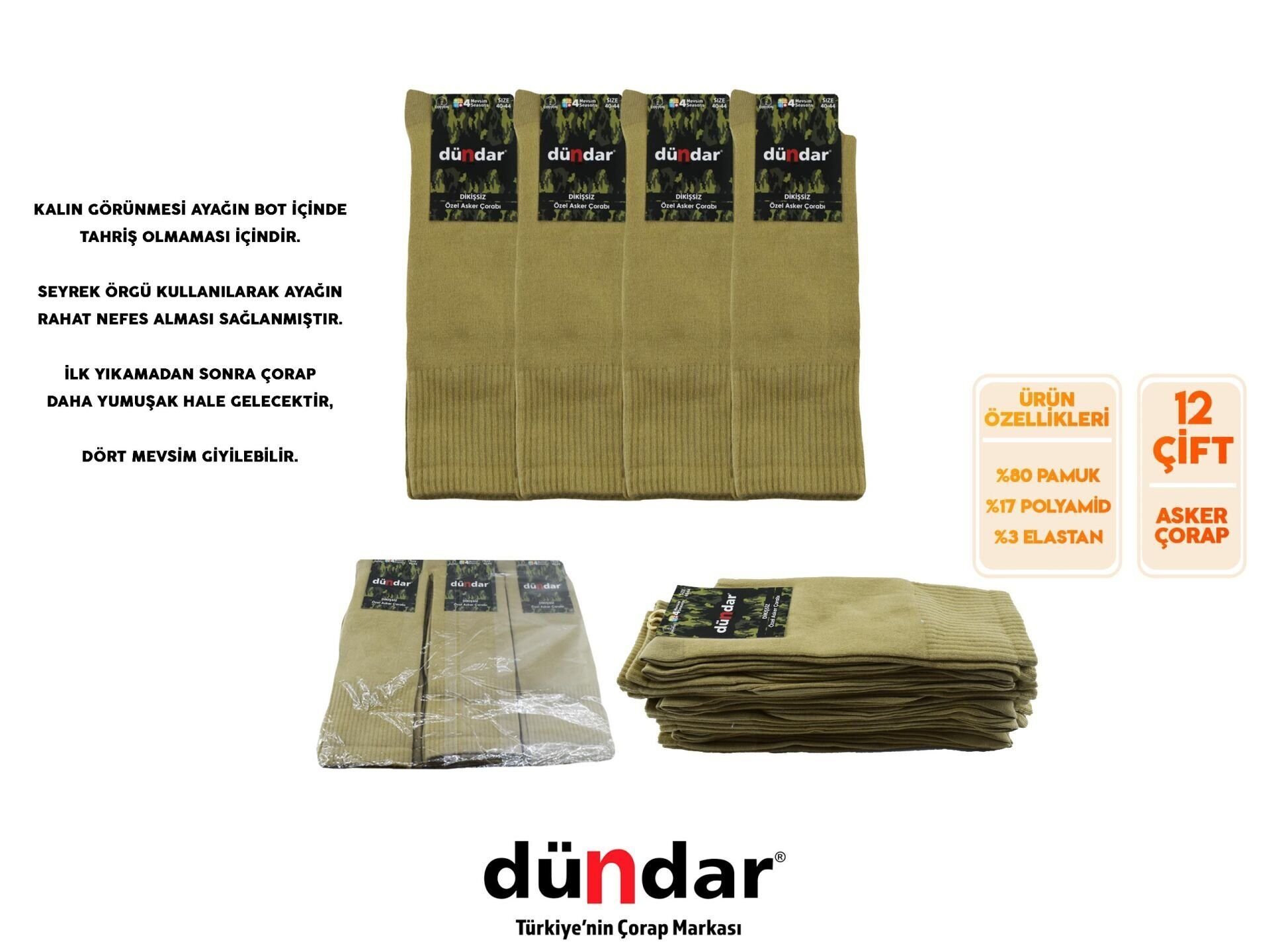 Dündar 9501 (40-44) Dikişsiz Asker Çorabı 12'li