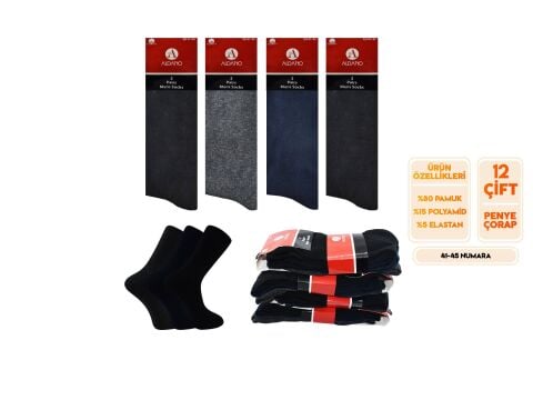 Aldano 3'lü Ekonomik Likralı Erkek Penye Çorap 12'li