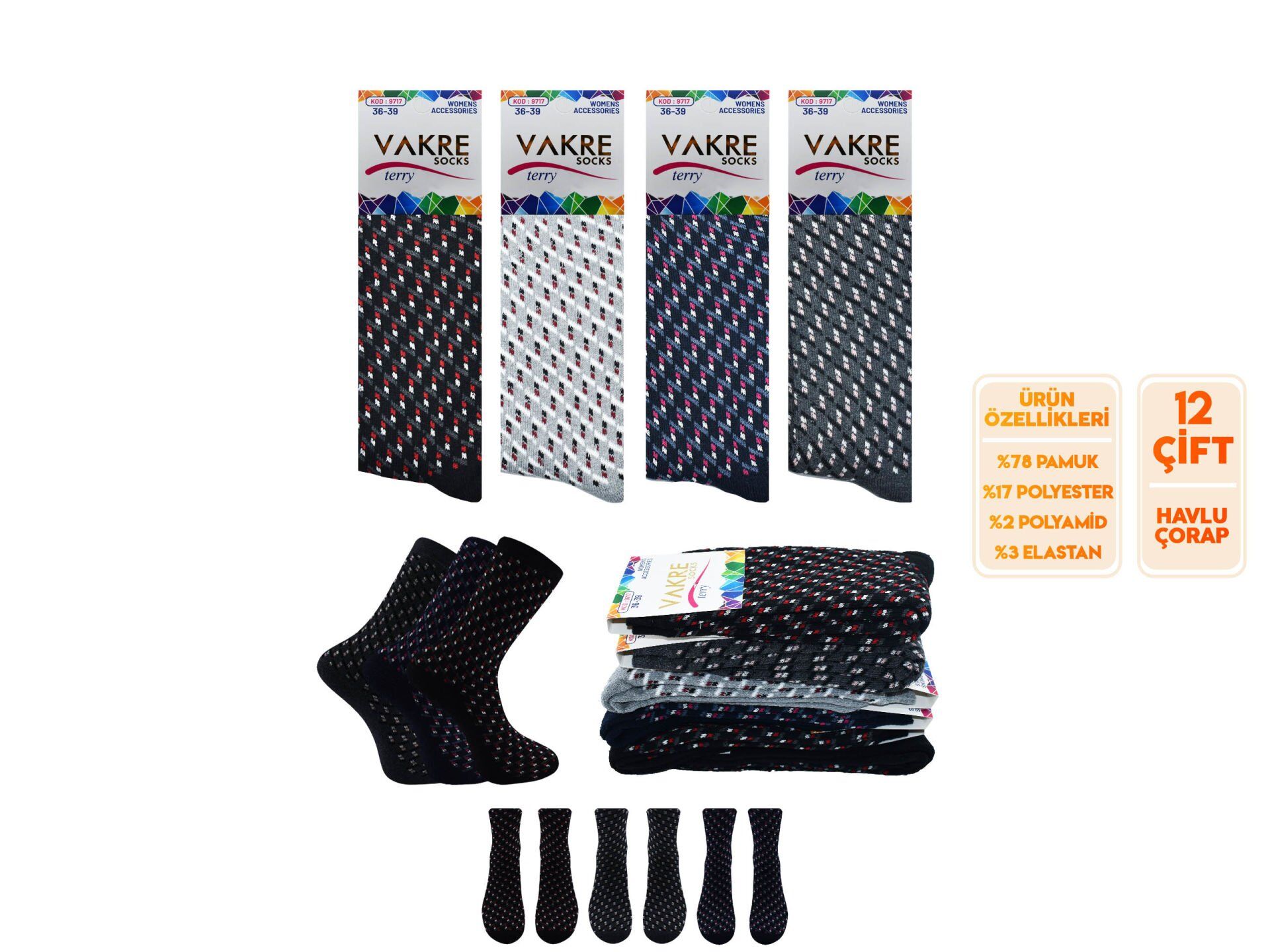 Vakre 9717-18 Bayan Penye Havlu Kışlık Çorap 12'li
