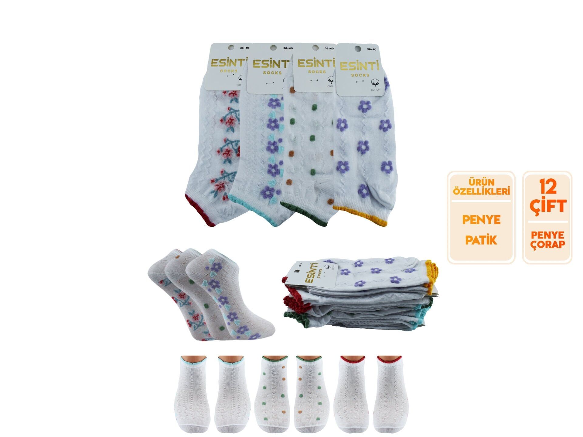 Esinti 33-8 (36-40) Naturel Pamuk Bayan Patik Çorap 12'li