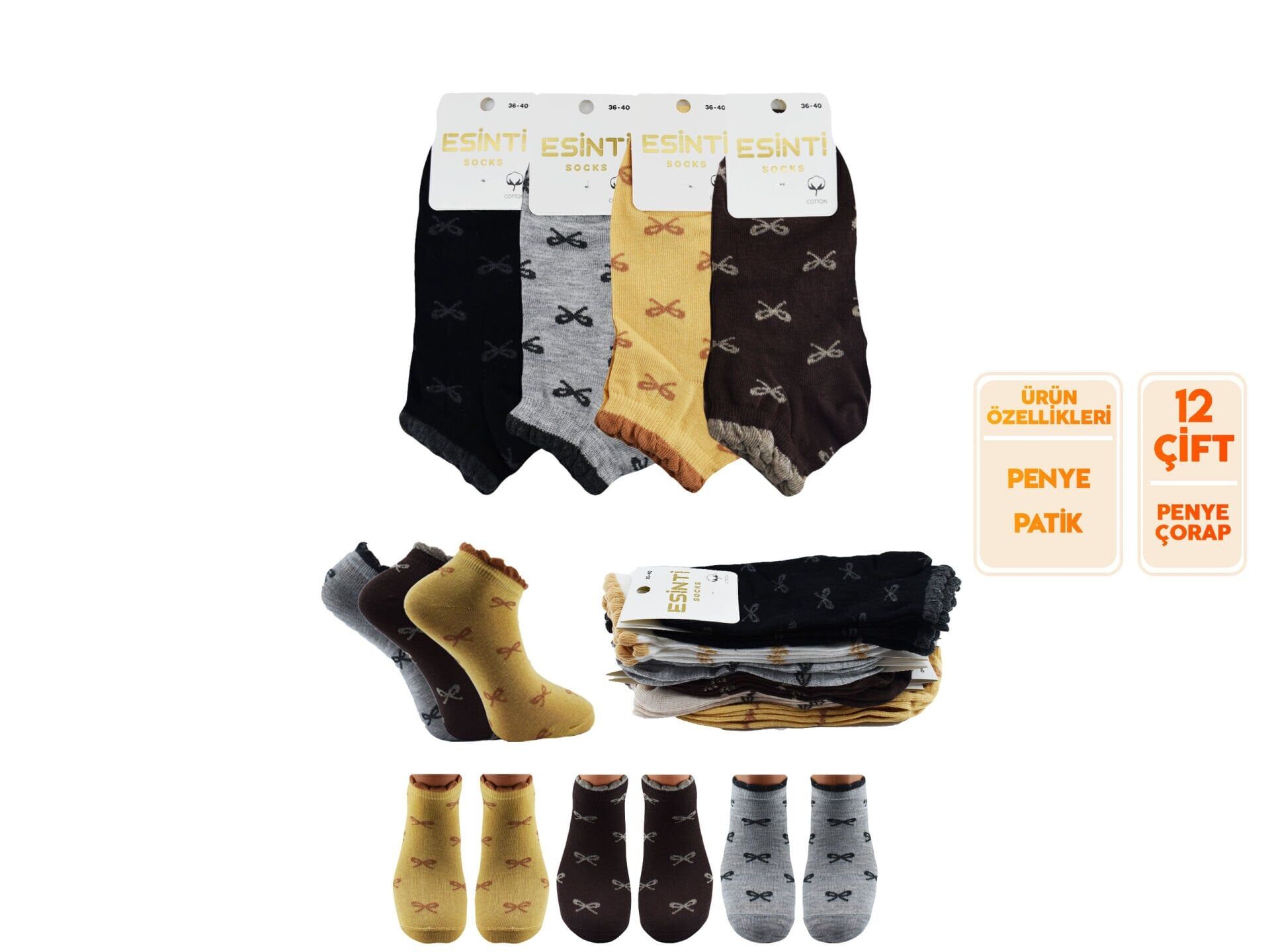 Esinti 33-2 (36-40) Naturel Pamuk Bayan Patik Çorap 12'li