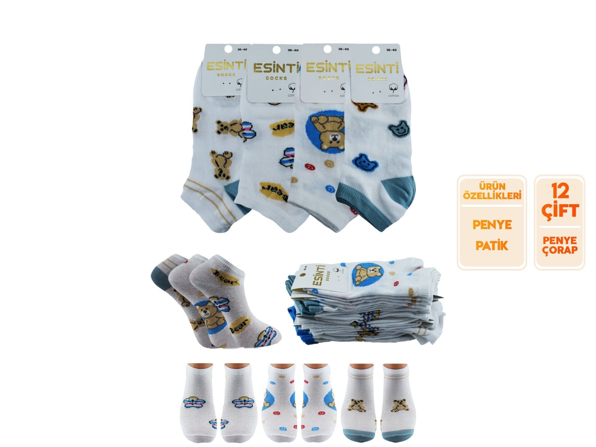 Esinti 33-7 (36-40) Naturel Pamuk Bayan Patik Çorap 12'li