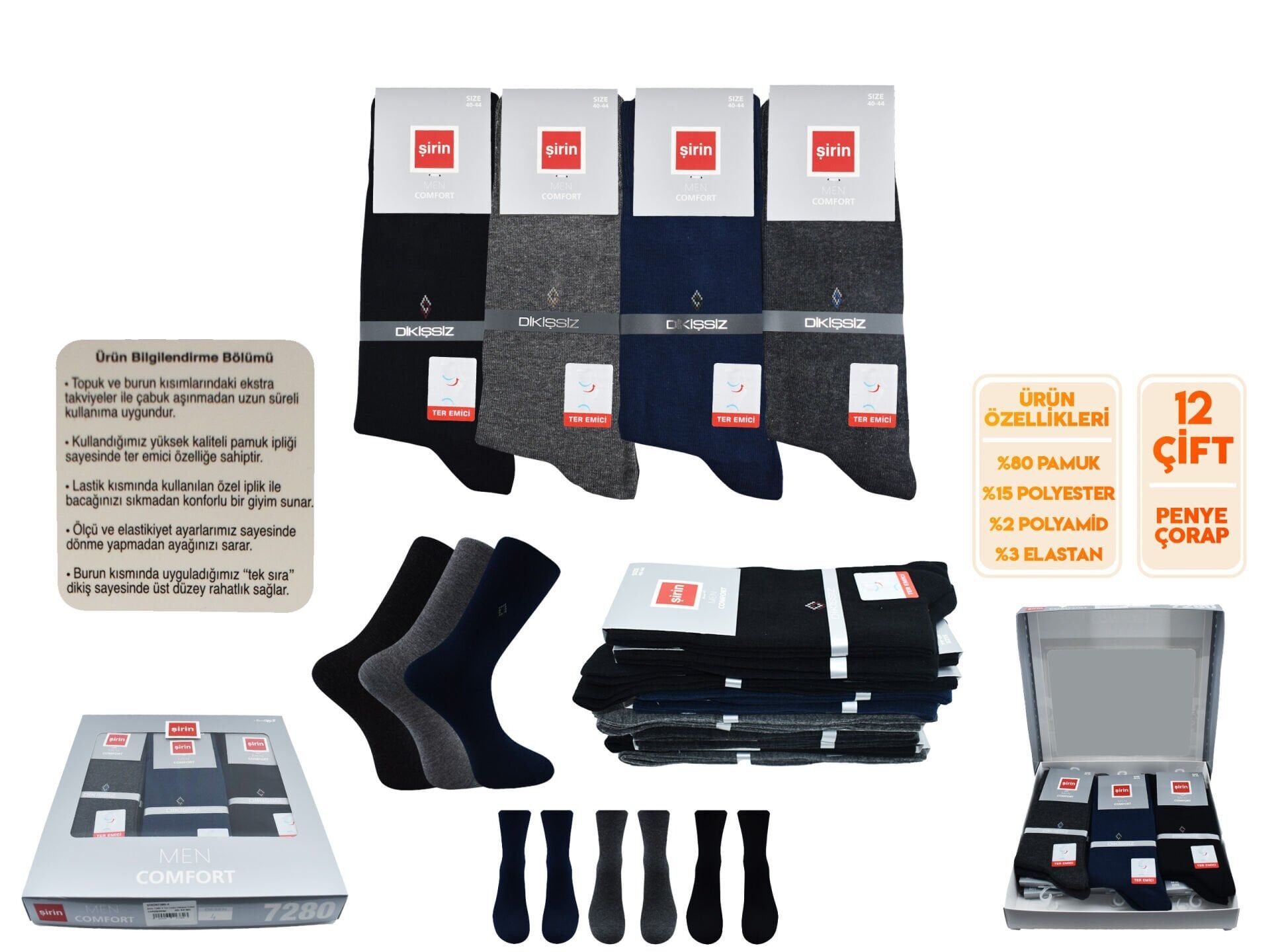 Şirin 7280-4 (40-44) Ter Emici Dikişsiz Erkek Soket Çorap 12'li