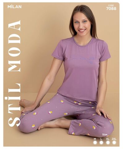 Stil Moda 7088 (M-L-XL-XXL) Milan Bayan Kısa Kol Pijama Takım 4'lü