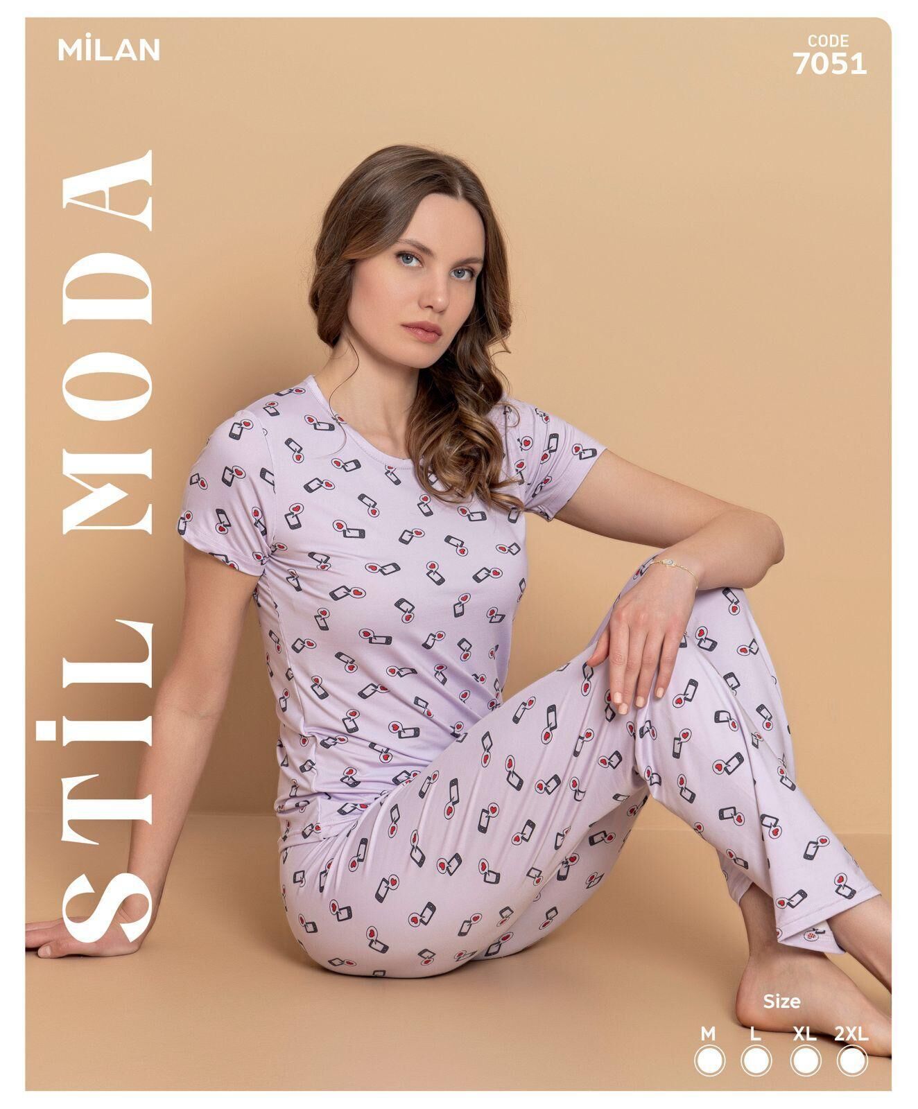 Stil Moda 7051 (M-L-XL-XXL) Milan Bayan Kısa Kol Pijama Takım 4'lü