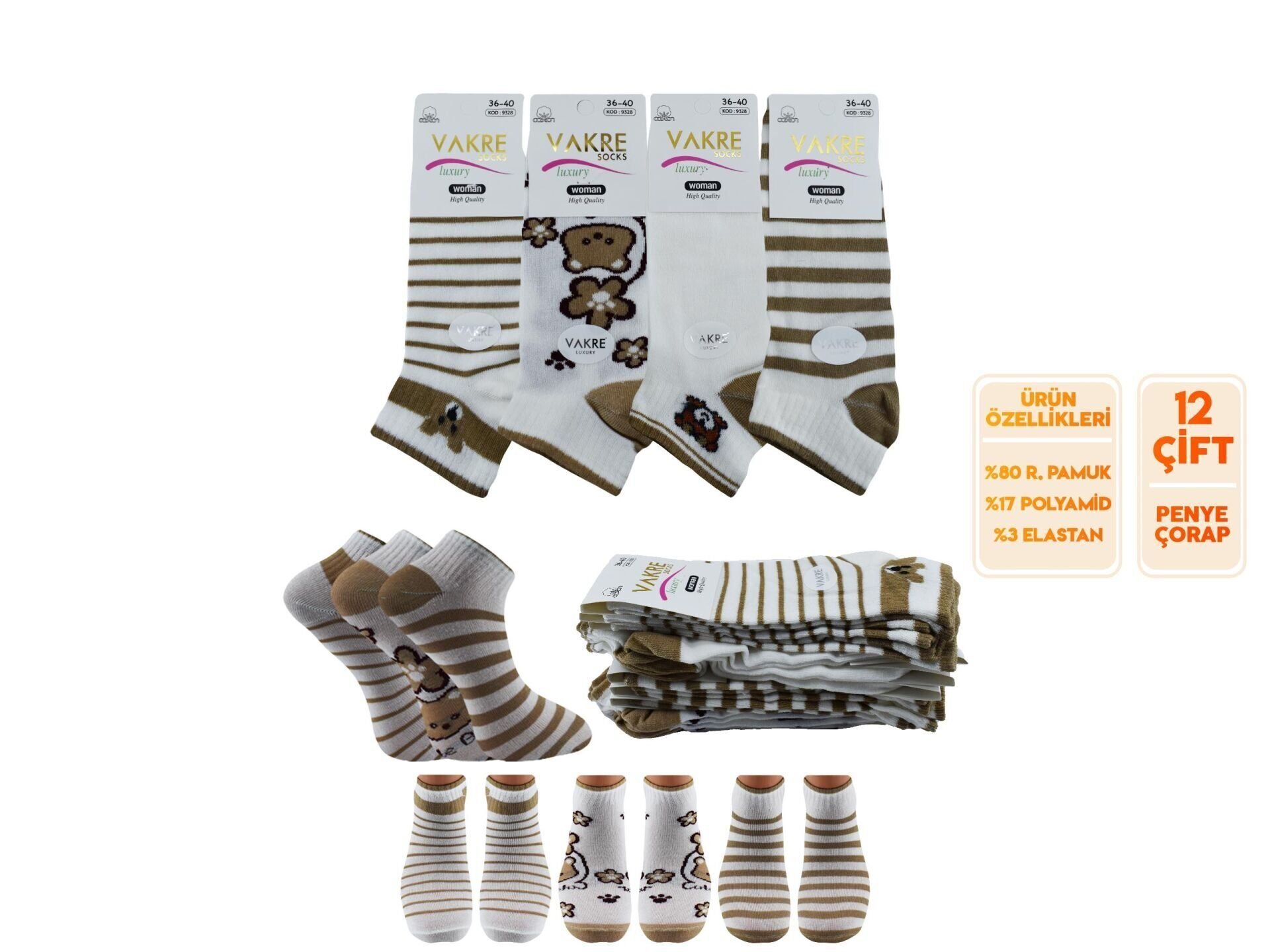 Vakre 9328-5 Bayan Penye Patik Çorap 12'li