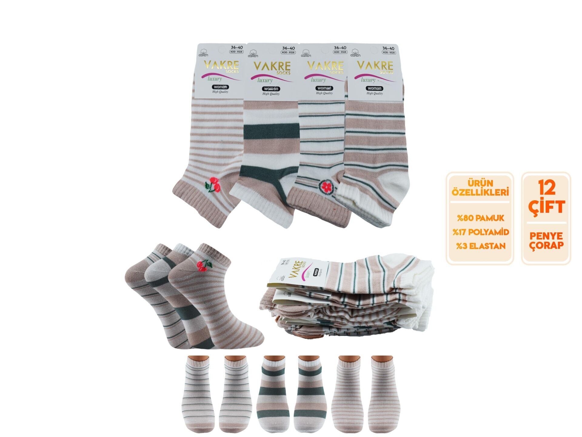 Vakre 9328-14 (36-40) Bayan Penye Patik Çorap 12'li