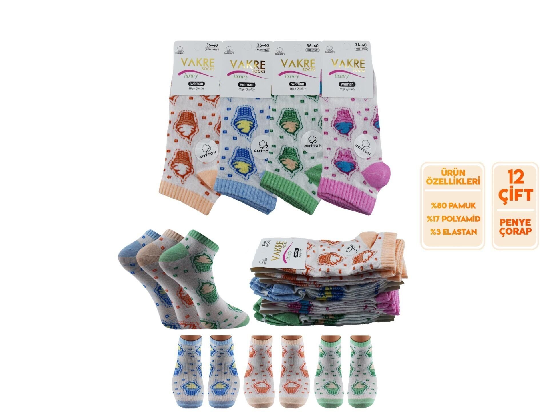 Vakre 9328-18 (36-40) Bayan Penye Patik Çorap 12'li