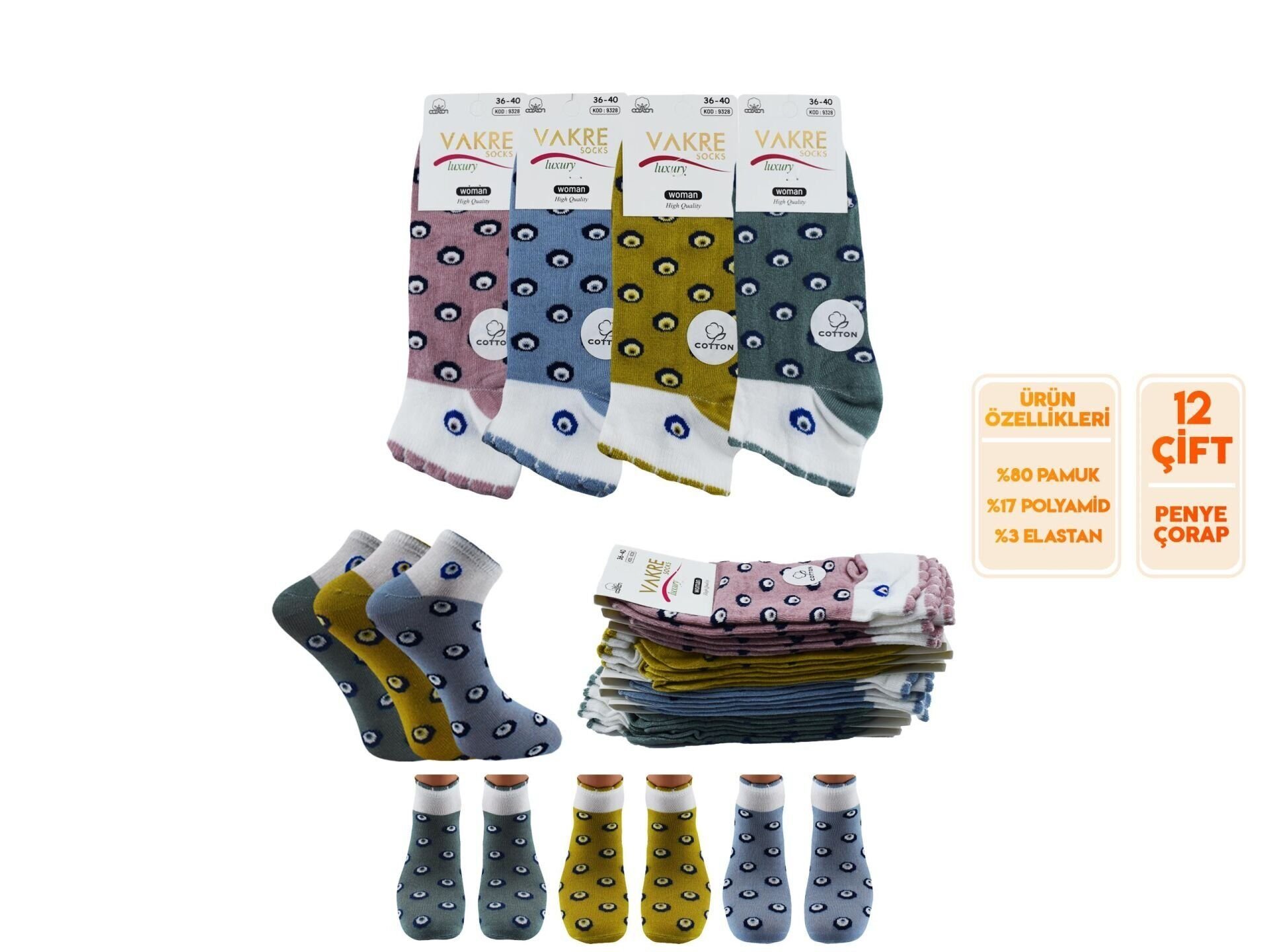 Vakre 9328-13 (36-40) Bayan Penye Patik Çorap 12'li