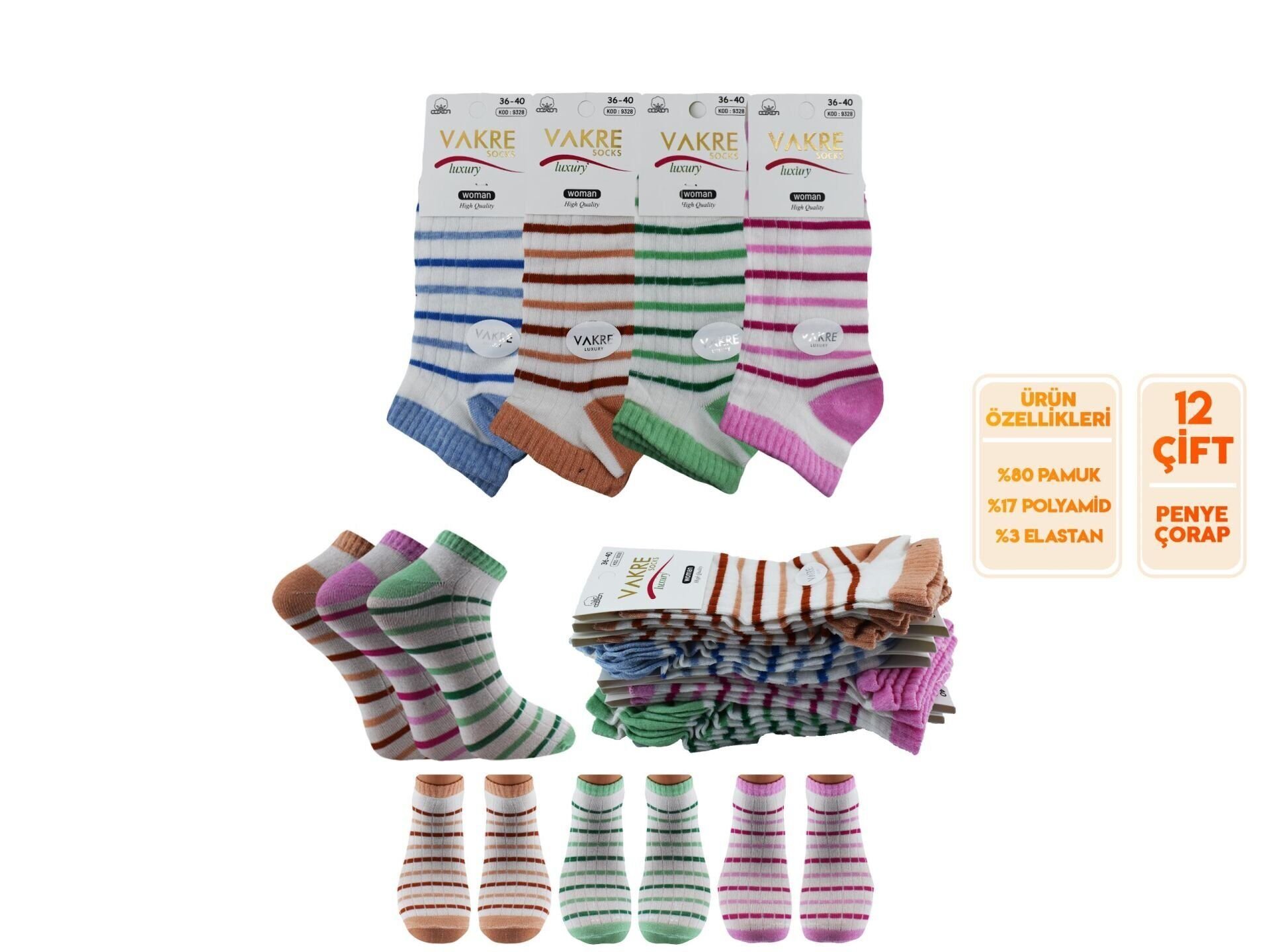 Vakre 9328-17 (36-40) Bayan Penye Patik Çorap 12'li