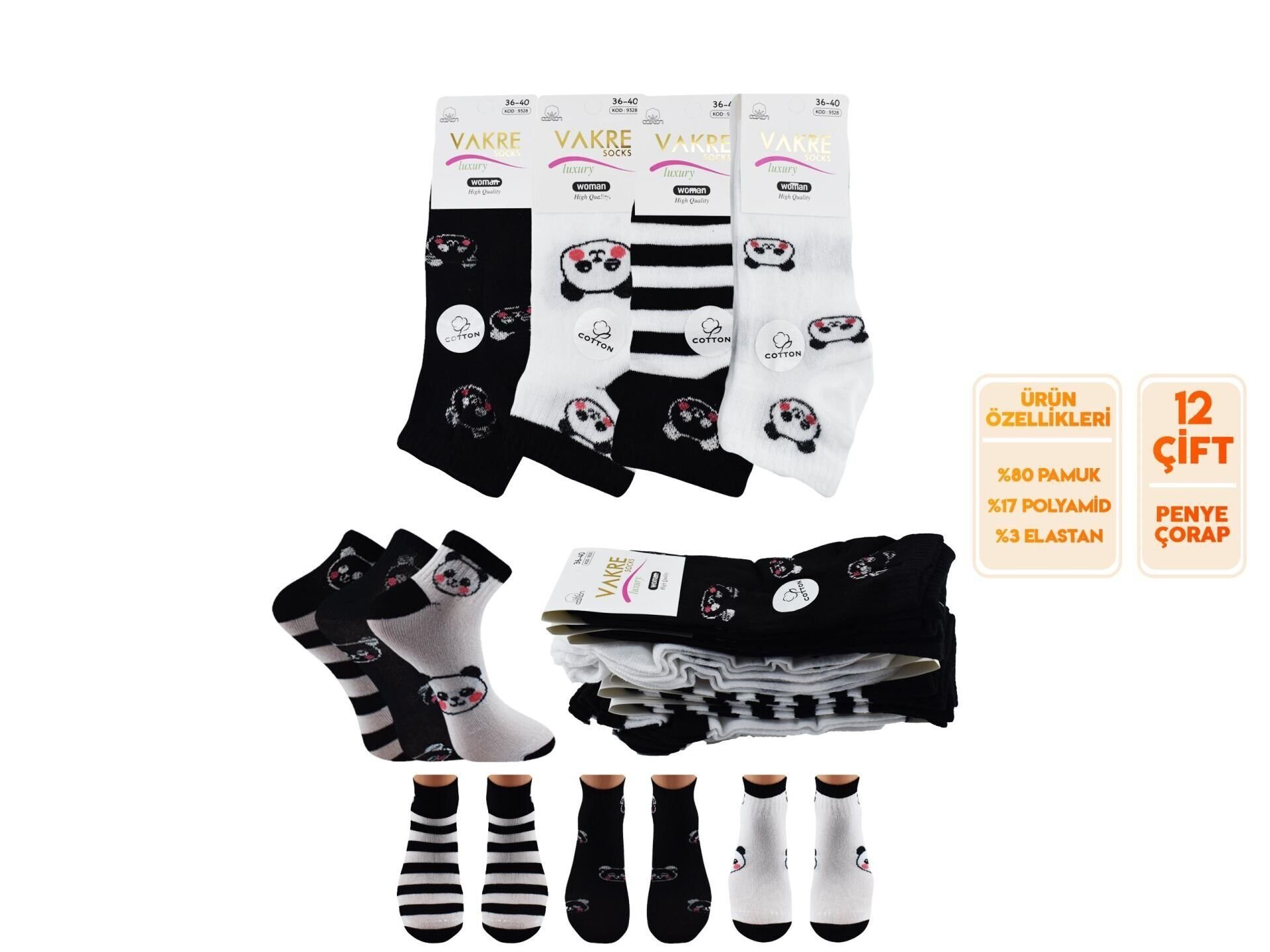 Vakre 9328-19 (36-40) Bayan Penye Patik Çorap 12'li